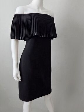 Frank Lyman Design Black Pullover Midi Dress W/ Off-Shoulder Pleated Overlay, 10